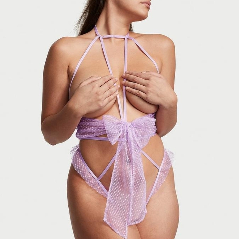 Lavender Very Sexy Bow Mesh Open-Cup Crotchless PlaysuitWrapped up with a bow